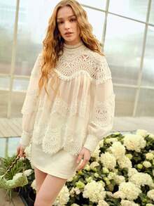MOTF PREMIUM WOMEN'S ROMANTIC ELEGANT LACE PATCHWORK LONG SLEEVE BLOUSE, SPRING/SUMMER - White - View 6