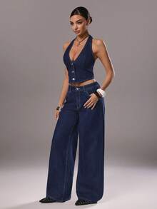 TRNVIE 女士性感露背吊带上衣和阔腿牛仔裤套装，夏季 - 藍色 - 查看 1