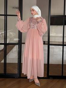 DAZY 女士优雅亮片拼接荷叶边花瓣袖中长连衣裙，夏季 - 淺粉色 - 查看 5