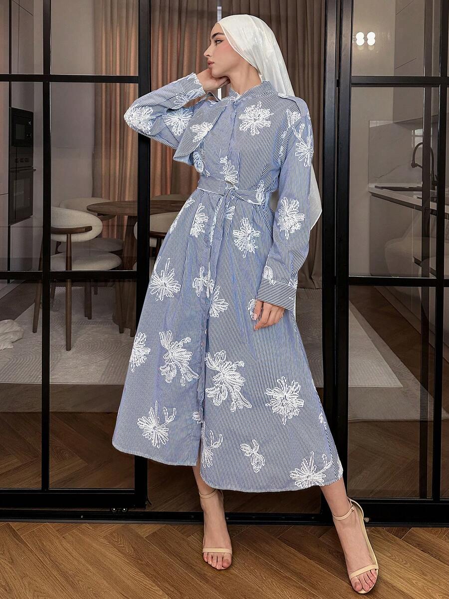 DAZY Women's Casual Striped 3D Floral Waist Belt Shirt Dress, Mid-Length, Spring - Blue - View 1