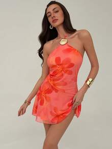 Aloruh Đầm ngắn cổ yếm in hoa dành cho nữ, thích hợp cho kỳ nghỉ, hẹn hò, đi chơi. - Hồng - Xem 4