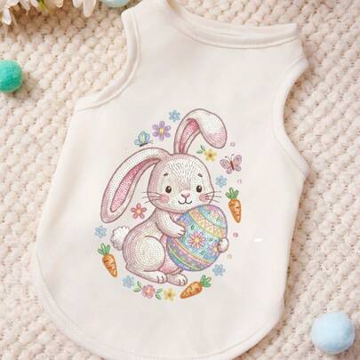 PETSIN 1件可爱小兔子拥抱复活节彩蛋胡萝卜蝴蝶花朵印花宠物背心米色亲肤透气宠物衣服