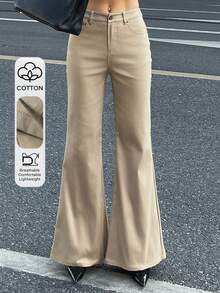 DAZY 女士纯色修身喇叭裤，休闲街头风长裤，春秋季 - 卡其色 - 查看 7