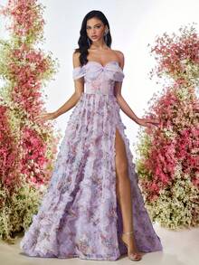 Glamrae 优雅多色浪漫薄纱 3D 花卉印花露肩高开衩长裙，透明覆盖 A 字晚礼服 - 淡紫色 - 查看 6
