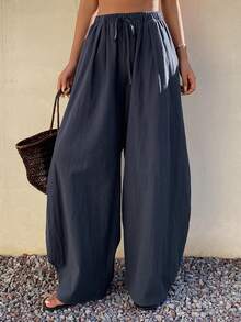 DAZY Quần ống rộng nữ, cạp chun, có dây rút, kiểu dáng đường phố năng động, thích hợp cho mùa xuân/thu. - Màu xanh hải quân - Xem 8