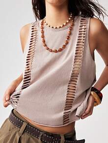 Bohemela Top corto de punto de un solo color lavado para mujer - Albaricoque - Ver 2