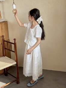 DAZY Tween Girl Embroidered & Applique Single-Breasted Short Sleeve Shirt Top And Mini Skirt Vacation Outfit - White - View 5