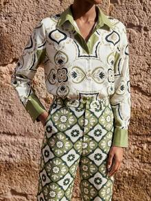 Maija 两件套女士印花长袖上衣和阔腿裤，休闲日常穿着 - 彩色 - 查看 2