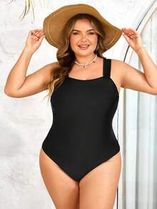 SHEIN CURVE+ Plus Size Women Summer Solid Color One-Piece Swimsuit - Black - View 5