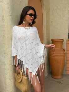 Selianne Ihålig design, rund halsad poncho med tofs, trendig semestertröja för kvinnor, vår/sommar - Vitt - Visa 6