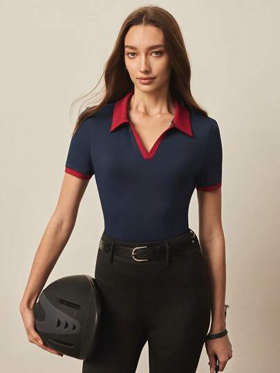With My Calm With My Calm Women's Navy Blue Athletic Polo Shirt,Contrast Collar & Cuffs,Loose Fit,Summer Golf,Tennis,Running,Yoga,Gym,Cycling,Versatile Daily Casual Wear
