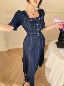 DAZY 女士休闲水洗假口袋方领泡泡袖牛仔连衣裙，夏季，婚礼宾客礼服 - 深色水洗藍 - 查看 10