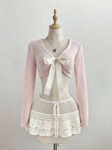 Elamini 女士浅粉色可爱开衫，性感系带休闲日常通勤防晒上衣，优雅度假时尚毛衣，春夏款 - 淺粉色 - 查看 3