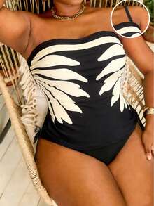 Slaydiva 2pcs Plus Size Women Set, Printed Bandeau Top With Drawstring And High Waist Patchwork Bikini Bottom - Multicolor - View 4