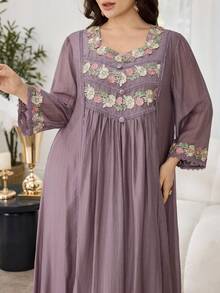 Al Najma Casual Solid Color Embroidered Ruffle Trim Loose Fit Scoop Neck Long Sleeve Plus Size Women Arabic Maxi Dress, Spring/Summer - Dusty Pink - View 7