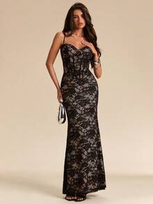 SHEIN BAE Abito da donna nero in pizzo, con schiena scoperta, spalline incrociate, elegante stile sirena, adatto per feste, vacanze, banchetti, matrimoni, uscite serali, appuntamenti romantici - nero - Visualizzare 4