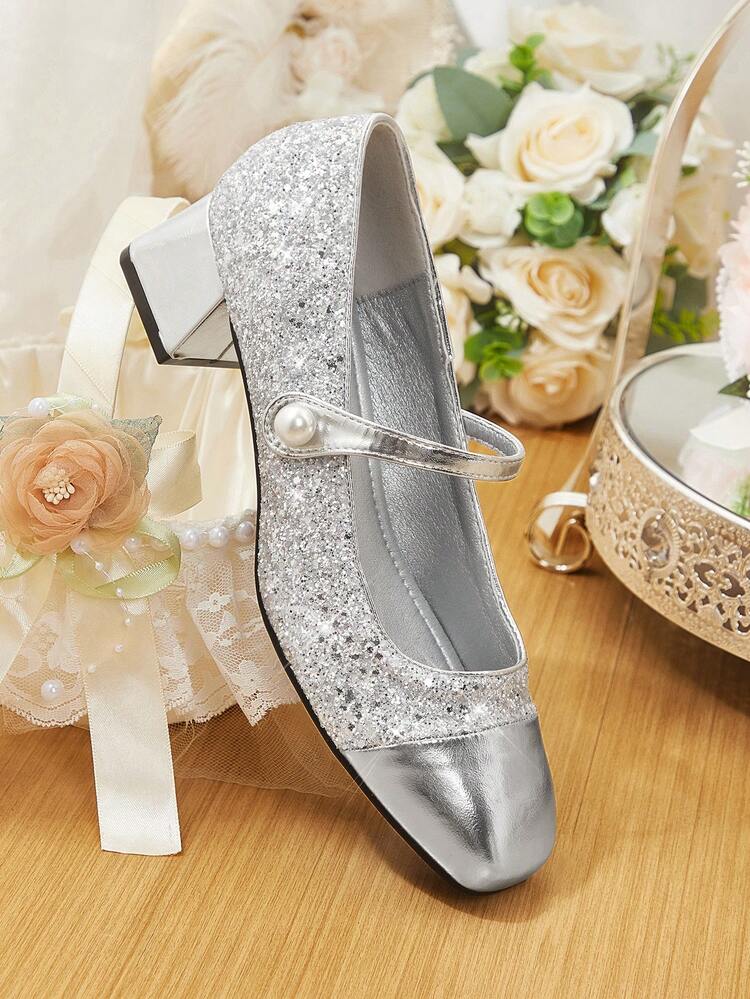 CUCCOO HITCHD Women's Sparkling Crystal & Faux Pearl Flat Shoes, Silver Color Dress Shoes, Bridal Wedding Shoes Elegant Shoes Wedding Shoes Spring Shoes Bride Shoes