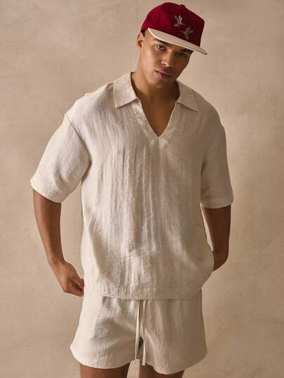 Musero Oversized Short Sleeve Deep V Neck Collared Drop Shoulder Thick Hem Linen Shirt Spring Summer Essentials Beachy Holiday