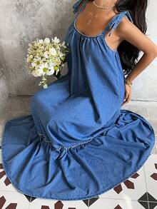 Sunnyshic 女士休闲牛仔连衣裙，适合度假和外出穿着 - 藍色 - 查看 6