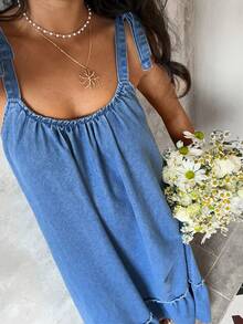 Sunnyshic 女士休闲牛仔连衣裙，适合度假和外出穿着 - 藍色 - 查看 7