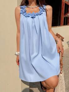 INAWLY Elegant 3D Floral Light Blue Pleated Dress,Relaxed Loose Fit Summer Mama Mia Party Holiday,Perfect For Vacations,Island Getaways,Everyday Wear - Multicolor - View 4