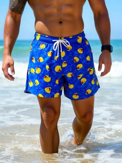 Manfinity Swimmode Herren Shorts mit Cartoon Enten Muster, Kordelzug Taille, Taschen, Strandshorts