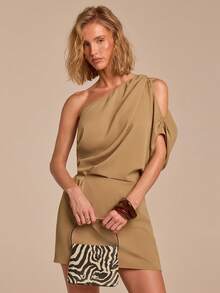 COSMINA Vestido mini elegante de mujer con hombros asimétricos y cintura ceñida, versátil para ir al trabajo, la oficina, citas, bodas, primavera - Marrón - Ver 3