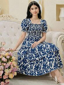 SHEIN Teen Girl Floral Print Layered Petal Sleeve Square Neck Casual Vacation Dress, Summer - Blue - View 1