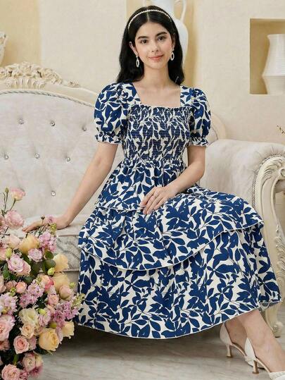 SHEIN Teen Girl Floral Print Layered Petal Sleeve Square Neck Casual Vacation Dress, Summer