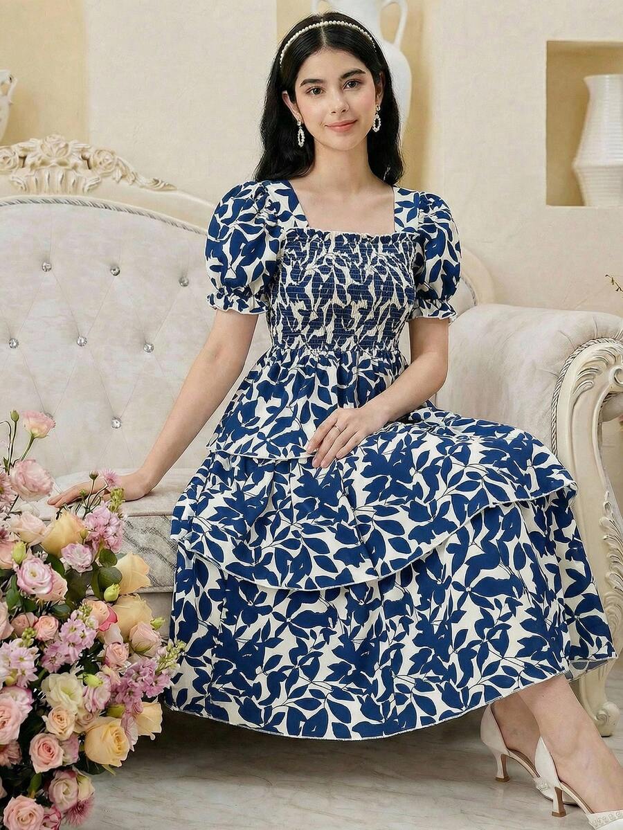 SHEIN Teen Girl Floral Print Layered Petal Sleeve Square Neck Casual Vacation Dress, Summer - Blue - View 1