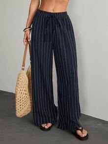 SHEIN PETITE Women's Tie Waist Striped Wide Leg Loose Casual Pants - Navy Blue - View 3