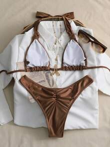 Swim Chiccia 两件套女士性感优雅复古露背褶皱设计咖啡棕色沙滩比基尼套装 - 咖啡棕 - 查看 2