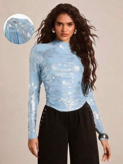 SHEIN Glamour Camiseta de manga larga con malla plateada brillante para mujer, adecuada para fiestas, reuniones diarias y ocasiones
