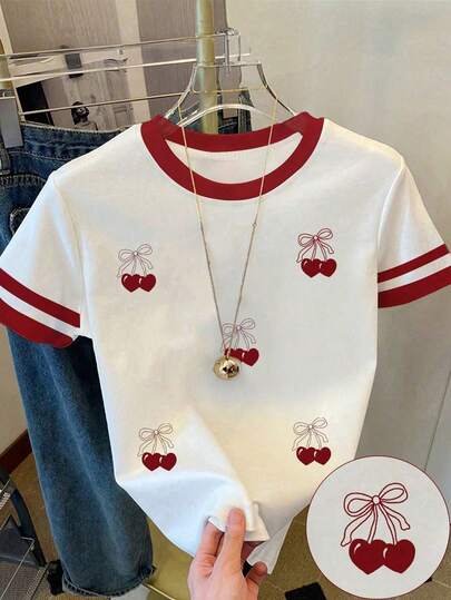 Teen Girls' Casual Minimalist Fitted Round Neck Short Sleeve High Waist Cropped Regular T-Shirt, Suitable For Summer. Fashionable Red & White Contrast Collar Stripe, Stylish Cherry Pattern, Cute Bow Cherry Pattern. Suitable For Spring/Summer Daily Wear, Vacation, Home, Travel, Beach Getaways, Lazy Summer Days, Vacation Vibes, Relaxed And Comfortable, Outdoor Activities