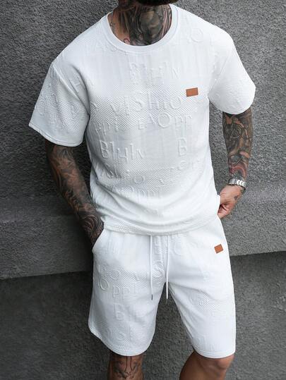 Manfinity CasualCool Bộ áo thun nam trơn màu, tay ngắn, cổ tròn, vai rớt, họa tiết dập nổi, thích hợp mặc mùa hè.