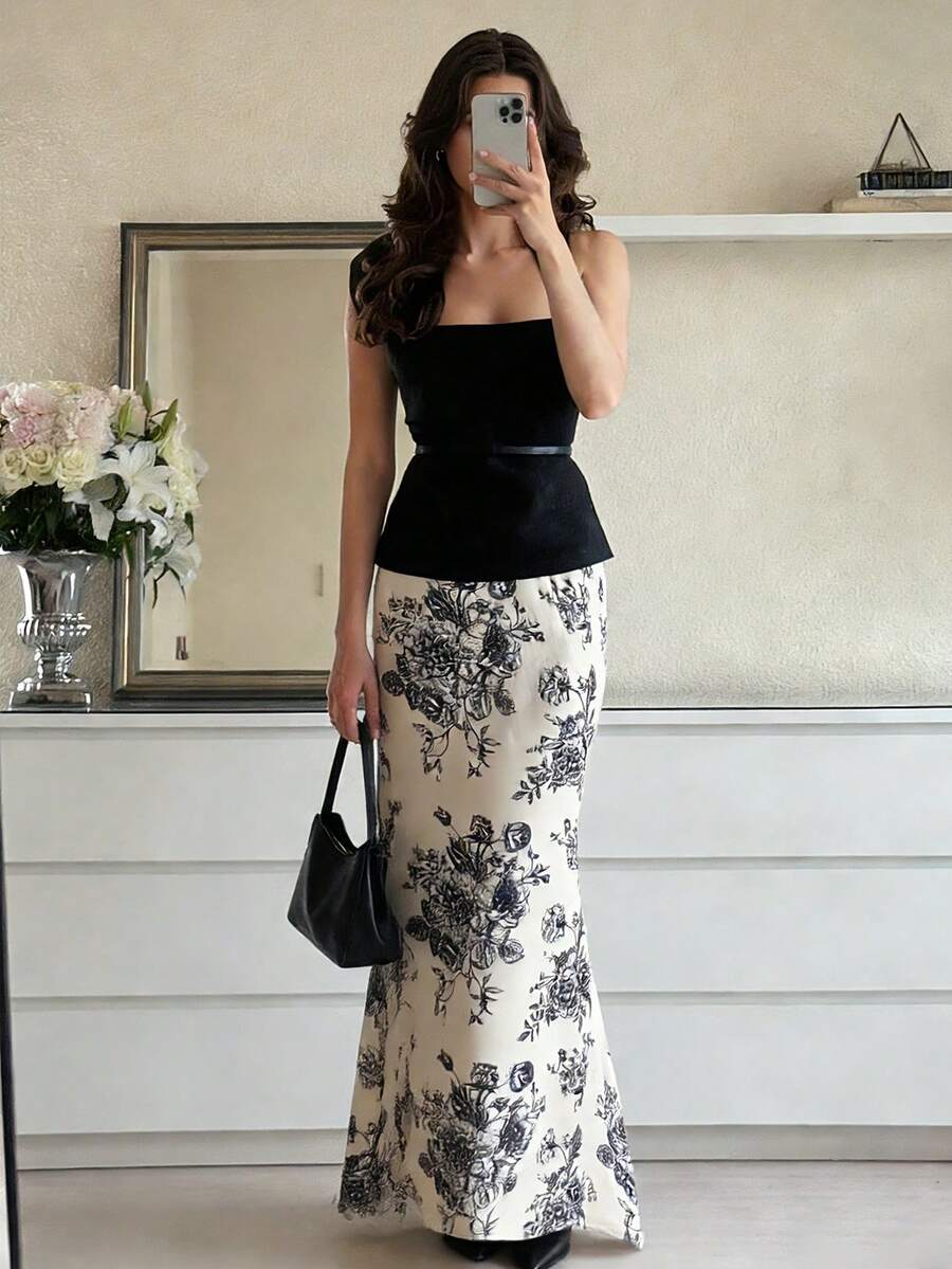 Rafferiza Women's Elegant Commuter Floral Print Fishtail Skirt - Apricot - View 1