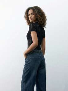 Maija Women's Fashionable Sheer Hollow-Out Short Sleeve Bodysuit, Summer - Black - View 5