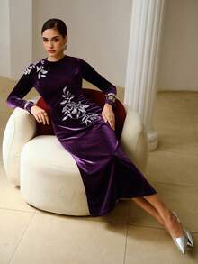 ZEYLAH Đầm maxi dài tay cổ tròn thanh lịch thêu đính cườm dành cho nữ, thích hợp cho mùa Thu/Đông. - Màu tím - Xem 5