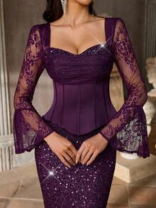 Aureia 优雅奢华亮片刺绣缎面心形喇叭袖连衣裙，饰以褶裥鱼骨设计，弧形腰线和喇叭裙摆，适合晚礼服、商务正装和宾客着装。 - 紫色 - 查看 7