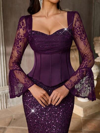 Aureia Elegant Luxury Sequins Embroidered Satin Patchwork Heart-Shaped Flare Sleeve Pleated Mermaid Waistline Bodycon Dress, Suitable For Evening Gala, Business Formal, And Guest Attire