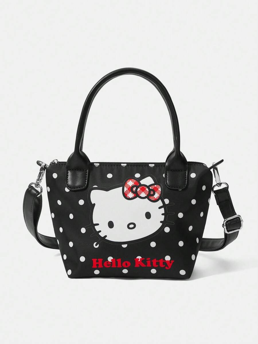 HELLO KITTY AND FRIENDS | SHEIN A Black Polka Dot Print Stylish Portable Large Capacity Handbag - Black A - View 1