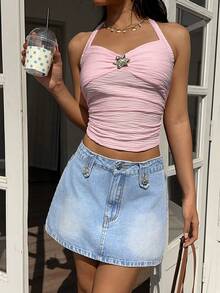 Sunnyshic 女士休闲水洗牛仔裙，适合度假和外出穿着 - 藍色 - 查看 7