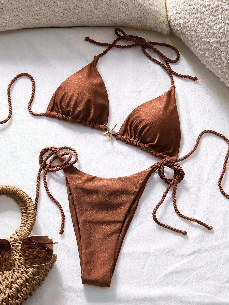 Swim Chiccia Elegant Shiny Brown Halter Triangle Bikini Set, Starfish Decor Rope Tie Side Vacation 2 Pieces Swimwear - Brown - View 1