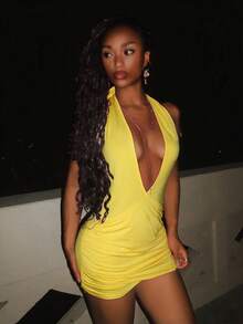 EgrlEra Women's Fashionable Deep V-Neck Yellow Knit Dress - Yellow - View 3