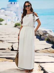 SHEIN Holidaya Women's Off-Shoulder Adjustable Tie Casual Vacation Style Solid Color Dress - Apricot - View 6