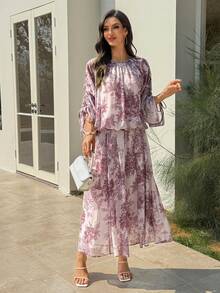 Vivie Lora Bộ 2 món gồm áo sơ mi và chân váy dài ngang gối bằng vải chiffon màu tím thanh lịch in họa tiết dành cho nữ. - Hồng - Xem 4