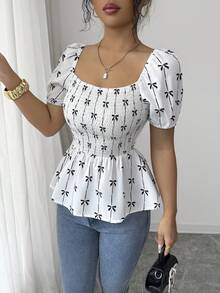 Elenzga Blusa con cuello cuadrado, mangas con volantes y bajo con volantes estampada - Blanco - Ver 3