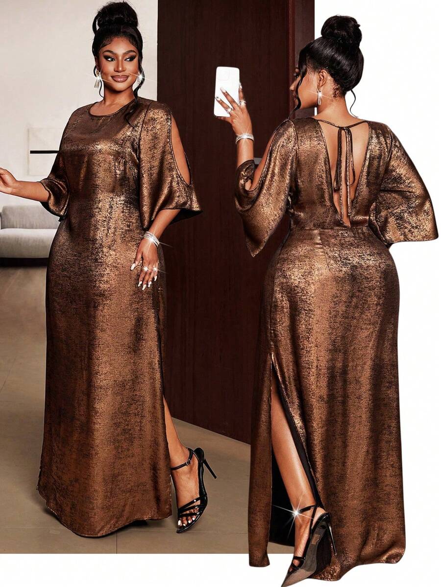 Maweii Plus Size Women's Sexy & Elegant Backless Deep V Hollow Out Dress, Elegant Party Dress, Summer Holiday Outfit, Women's Graceful Attire - Coffee Brown - View 1