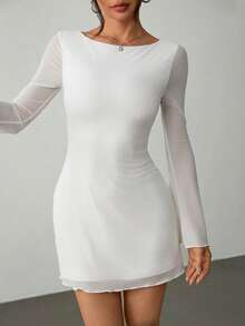 SHEIN PETITE Women's New Sexy Backless Trumpet Sleeve Mesh Dress For Early Autumn White Backless Dress White Sexy Dress Women White Mesh Dress White Long Sleeve Dress White Club Dress - White - View 7
