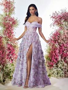 Glamrae 优雅多色浪漫薄纱 3D 花卉印花露肩高开衩长裙，透明覆盖 A 字晚礼服 - 淡紫色 - 查看 1